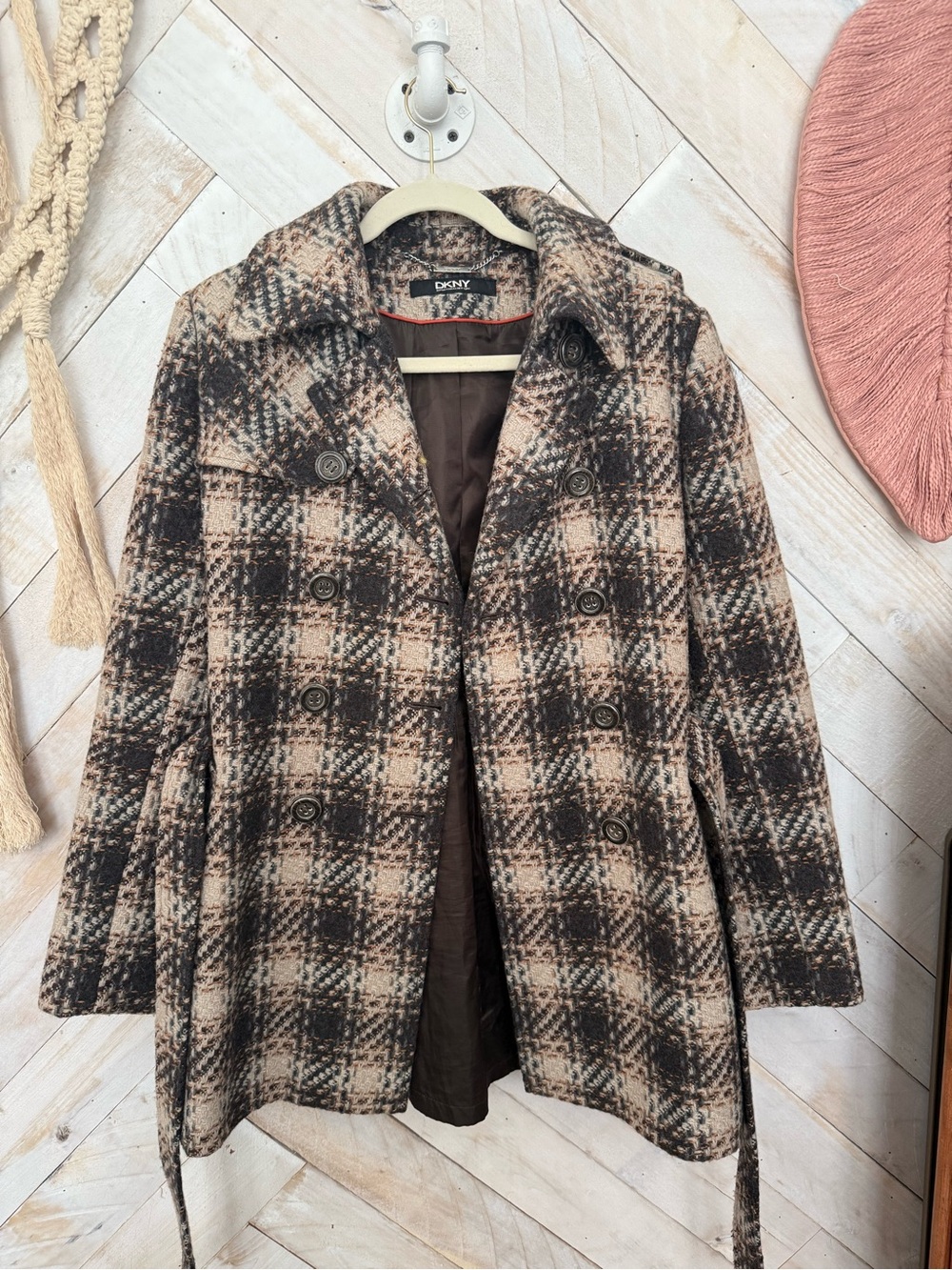 DKNY Brown Plaid Double-Breasted Pea Coat